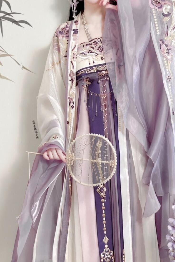 Tang Dynasty Hanfu Hezi Qun Embroidery Large Sleeve Gown Ancient Chinese Princess Fairy Purple Costumes Complete Set