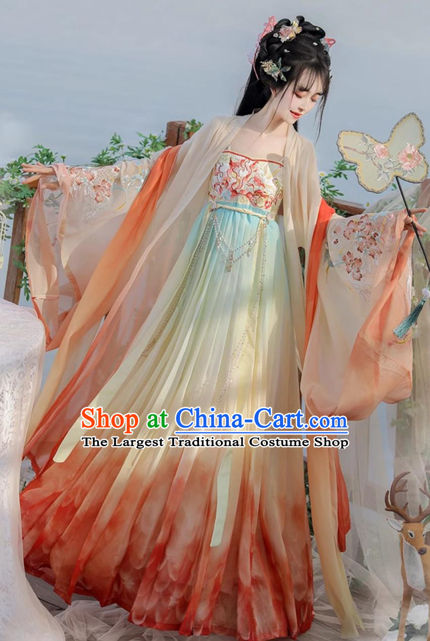 Embroidered High Waist Gradient Hezi Skirt Hanfu Women Full Set Chinese Ancient Style Tang Dynasty Costume