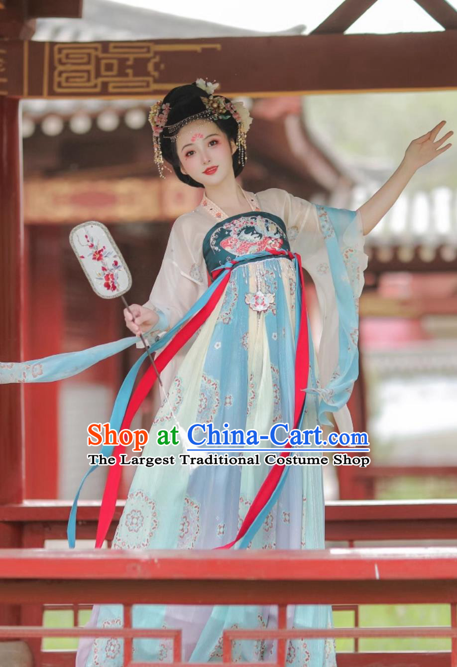 Twelve Flower Goddess Hanfu Chinese Tang Style One Piece High Waist Ruqun Blue Hezi Dress