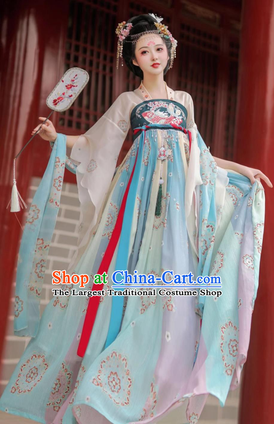Twelve Flower Goddess Hanfu Chinese Tang Style One Piece High Waist Ruqun Blue Hezi Dress