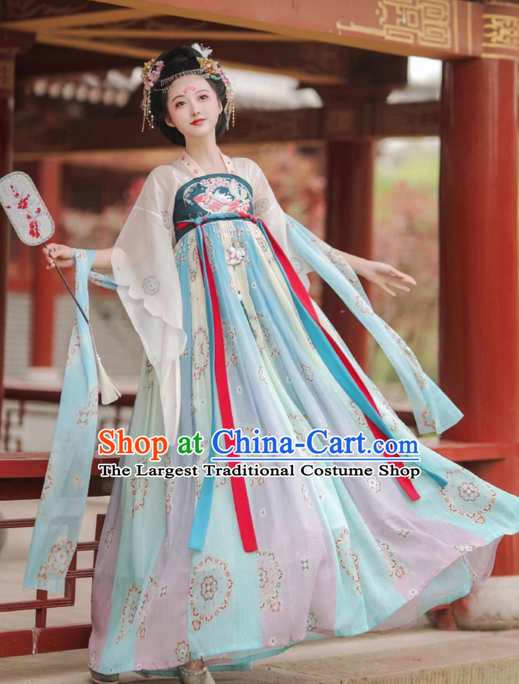 Twelve Flower Goddess Hanfu Chinese Tang Style One Piece High Waist Ruqun Blue Hezi Dress