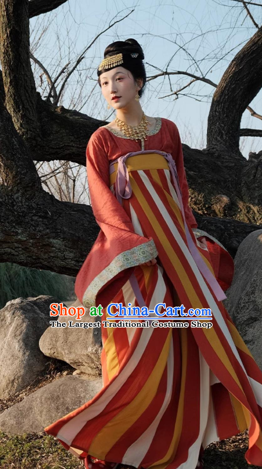 Hanfu Dress Tang Dynasty Open Collar Short Shirt Restoration High Waist Runqun Chinese Traditional Clothing