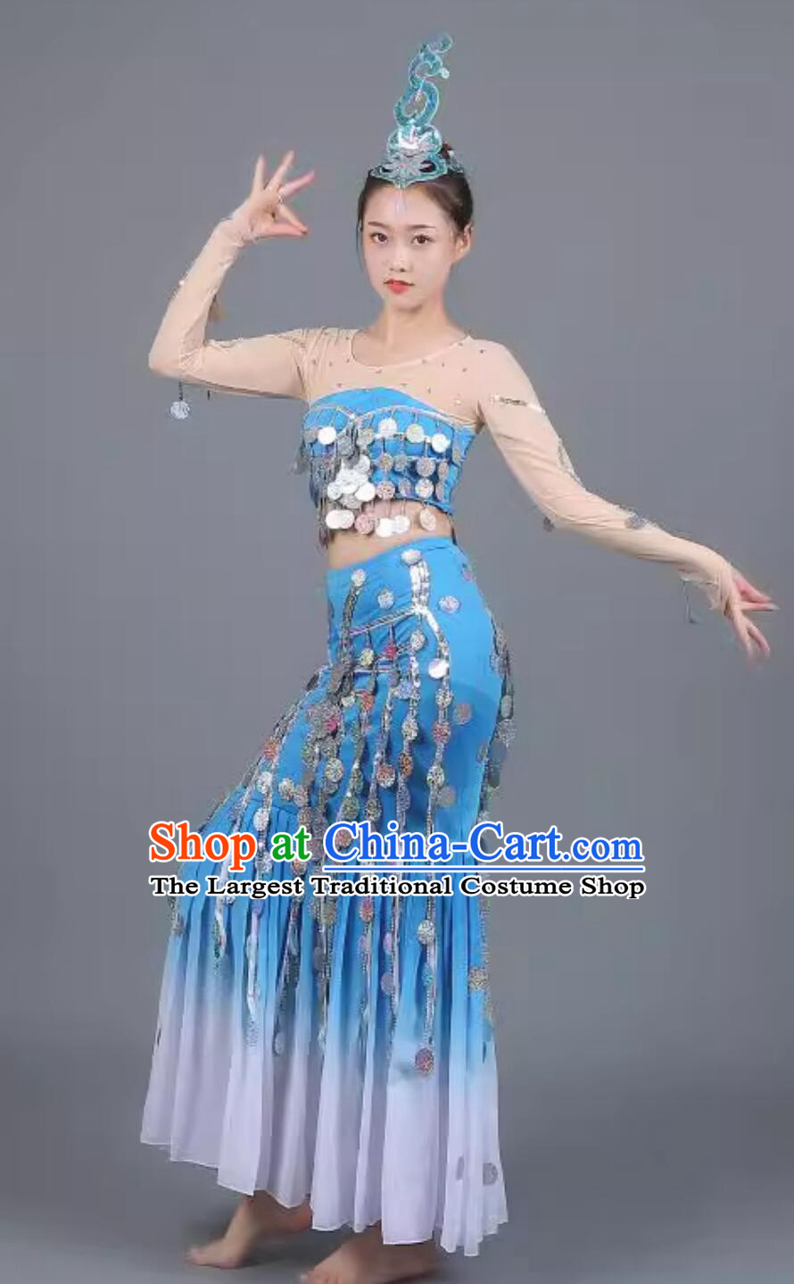 Dai Ethnic Dance Costume Performance Outfit Water Spirit Dance Peacock Dance Clothing Women Show Dress Sequin Mermaid Skirt
