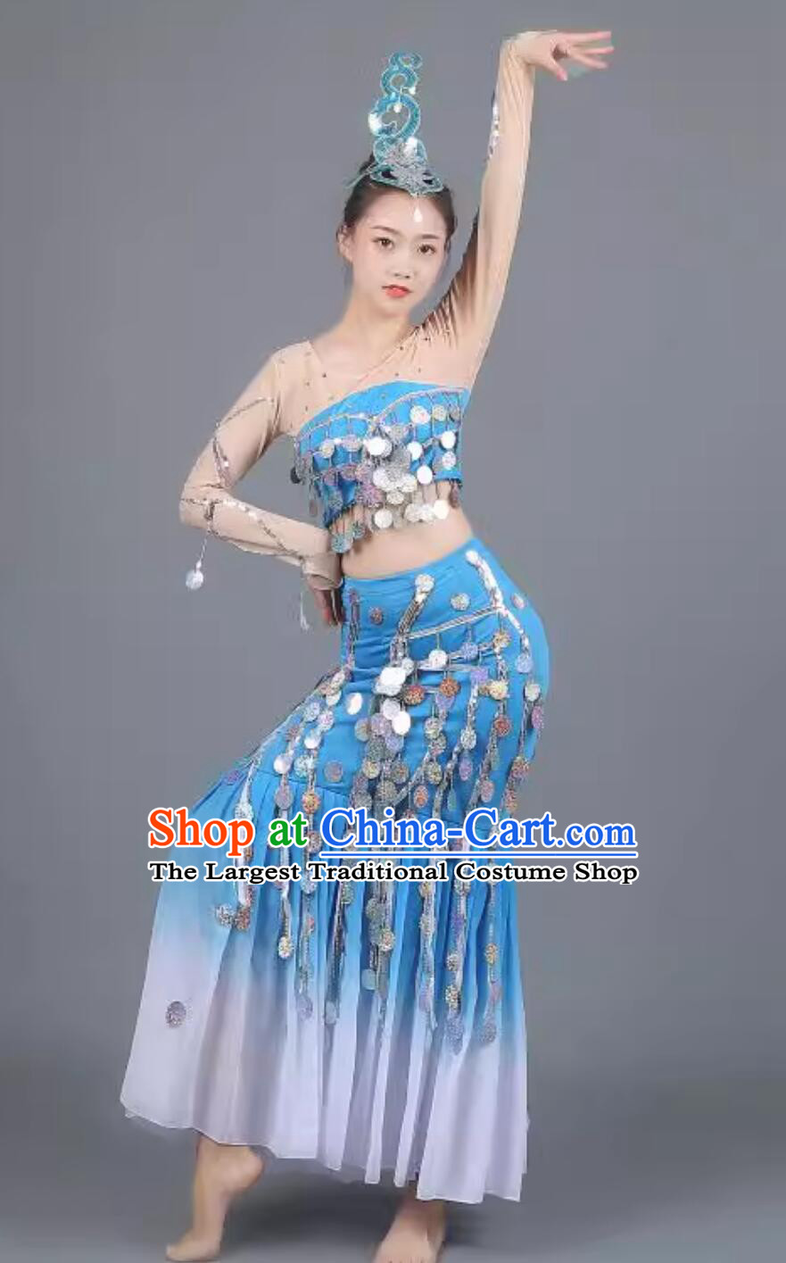 Dai Ethnic Dance Costume Performance Outfit Water Spirit Dance Peacock Dance Clothing Women Show Dress Sequin Mermaid Skirt