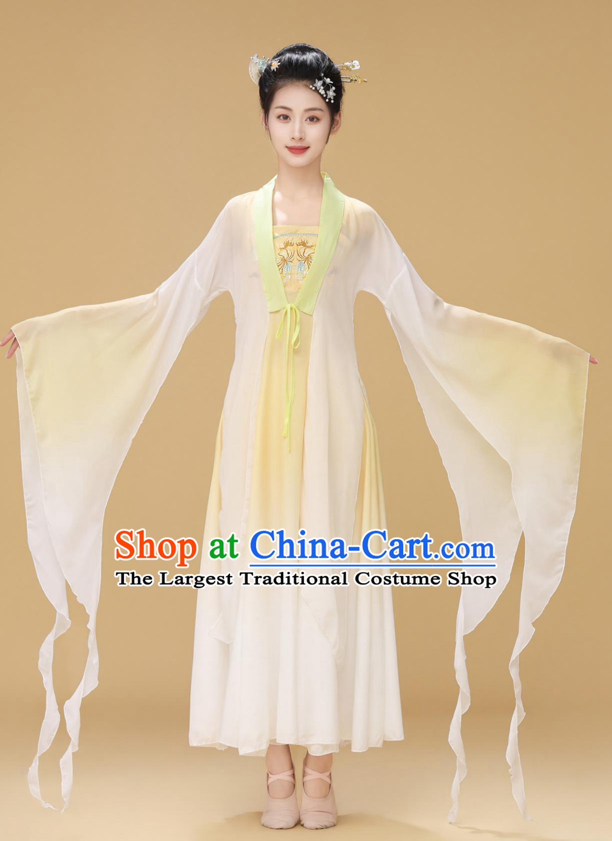 Classical Dance Performance Costume Women Elegant Hanfu Chinese Style Poetic Floral Wang Shiyi Yellow Flower Slim Dance Dress