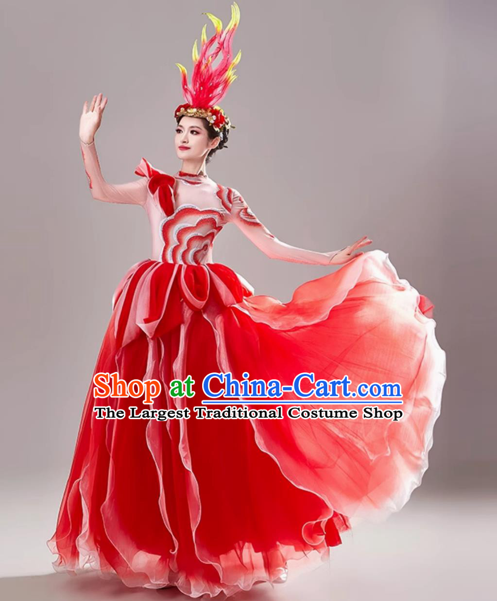 Top Stage Performance Pink Petal Trimmed Dance Dress Chinese Spring Festival Gala Opening Dance Clothing Women Group Dance Costume