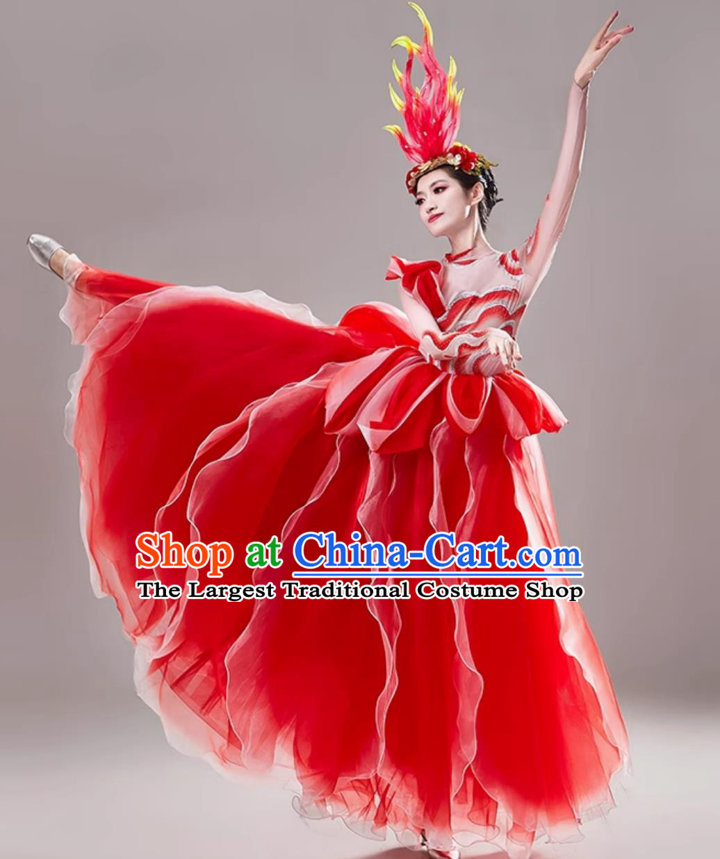 Top Stage Performance Pink Petal Trimmed Dance Dress Chinese Spring Festival Gala Opening Dance Clothing Women Group Dance Costume