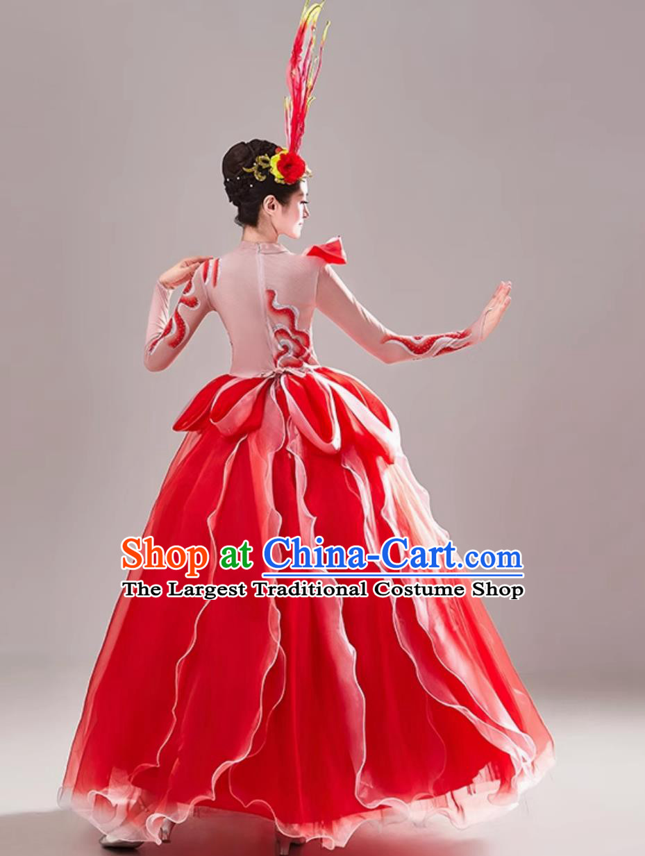 Top Stage Performance Pink Petal Trimmed Dance Dress Chinese Spring Festival Gala Opening Dance Clothing Women Group Dance Costume