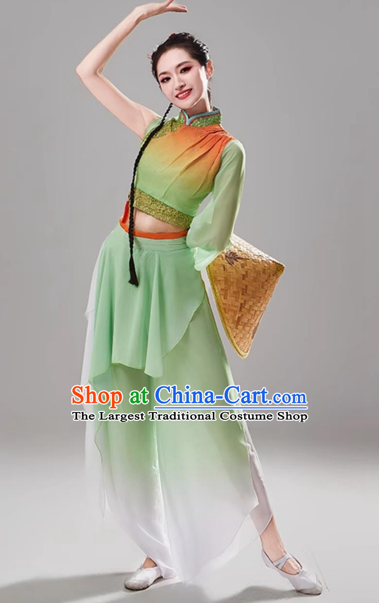 Women Group Bamboo Hat Dance Green Uniform Chinese Folk Dance Clothing Traditional Yangko Dance Costume