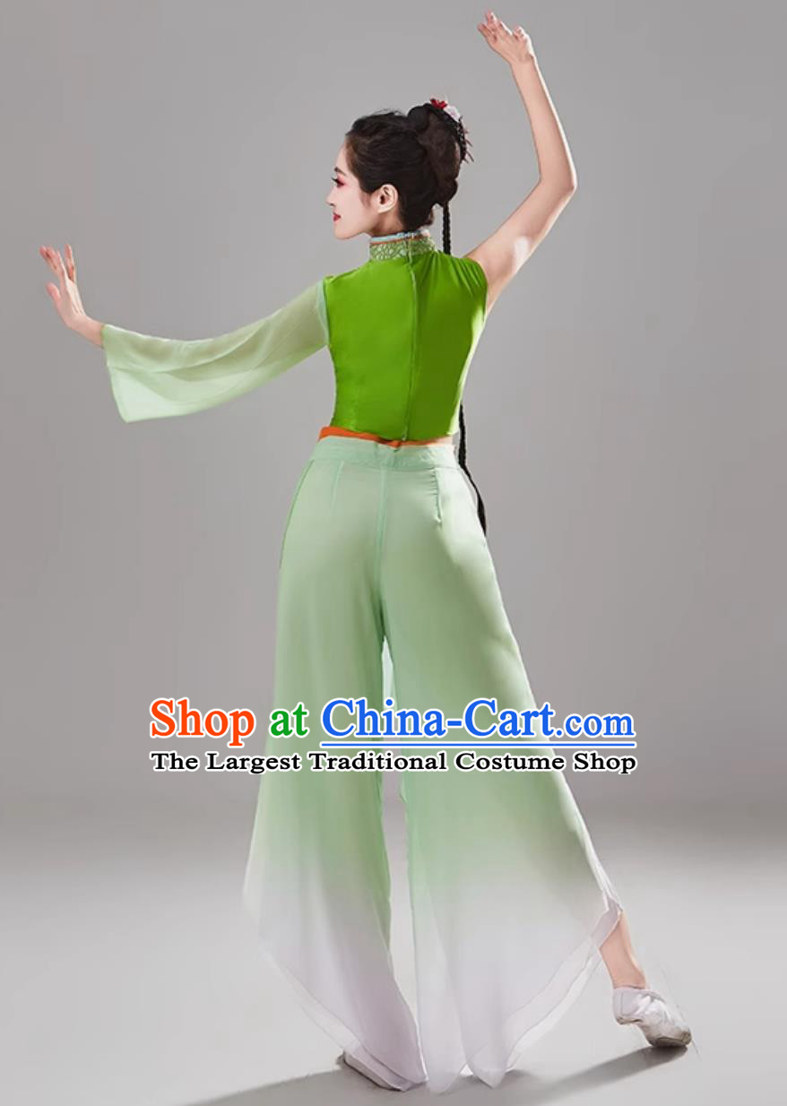 Women Group Bamboo Hat Dance Green Uniform Chinese Folk Dance Clothing Traditional Yangko Dance Costume