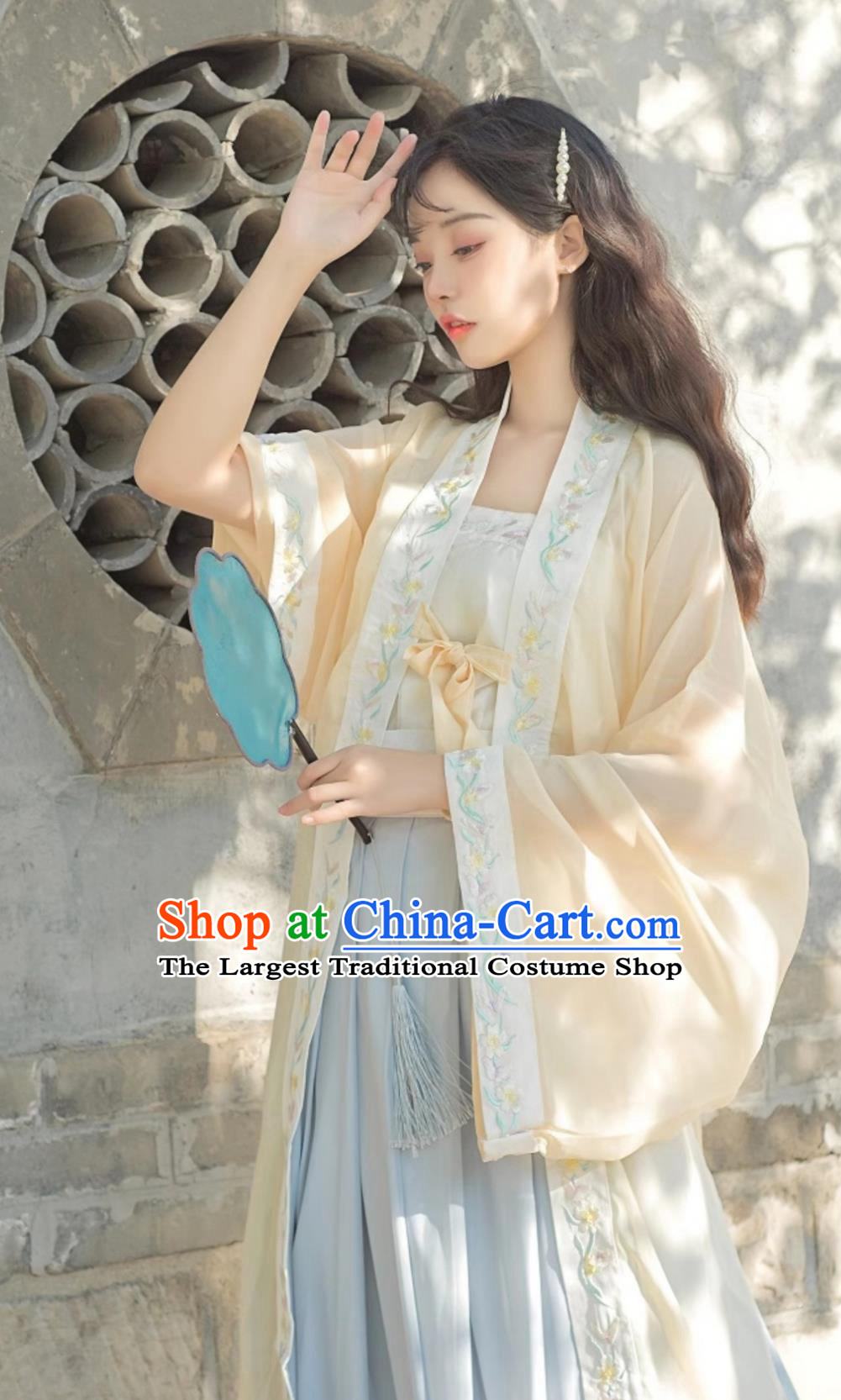 Song Dynasty Hanfu Women Butterfly Encounter Embroidered Cross Collar Beizi High Waist Three Piece Set