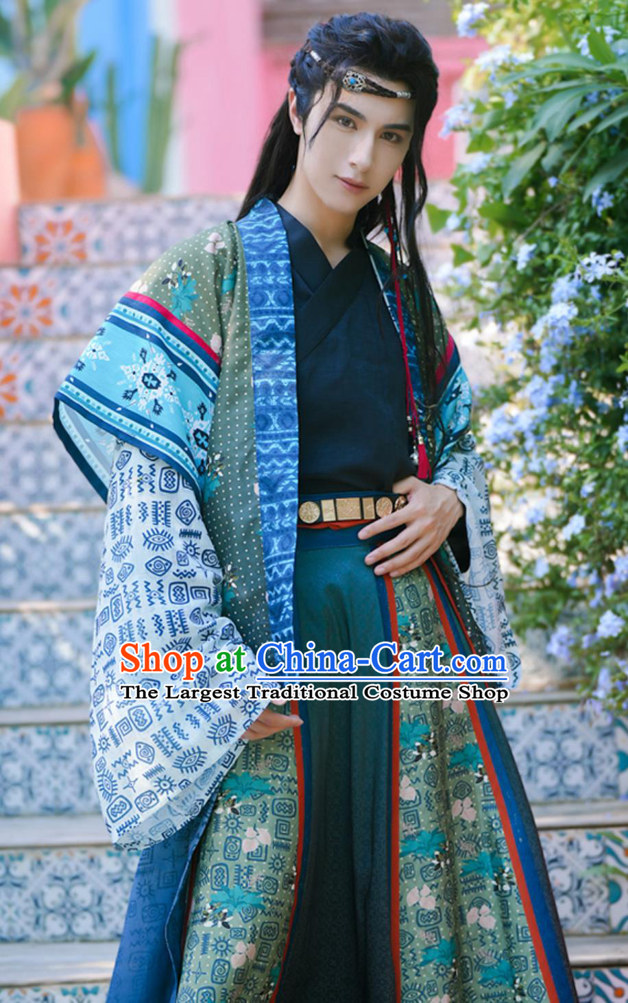 Traditional Chinese Men Hanfu Ethnic Chinese Ancient Wuxia Handsome Hero Long Gown Shirt and Skirt Complete Set