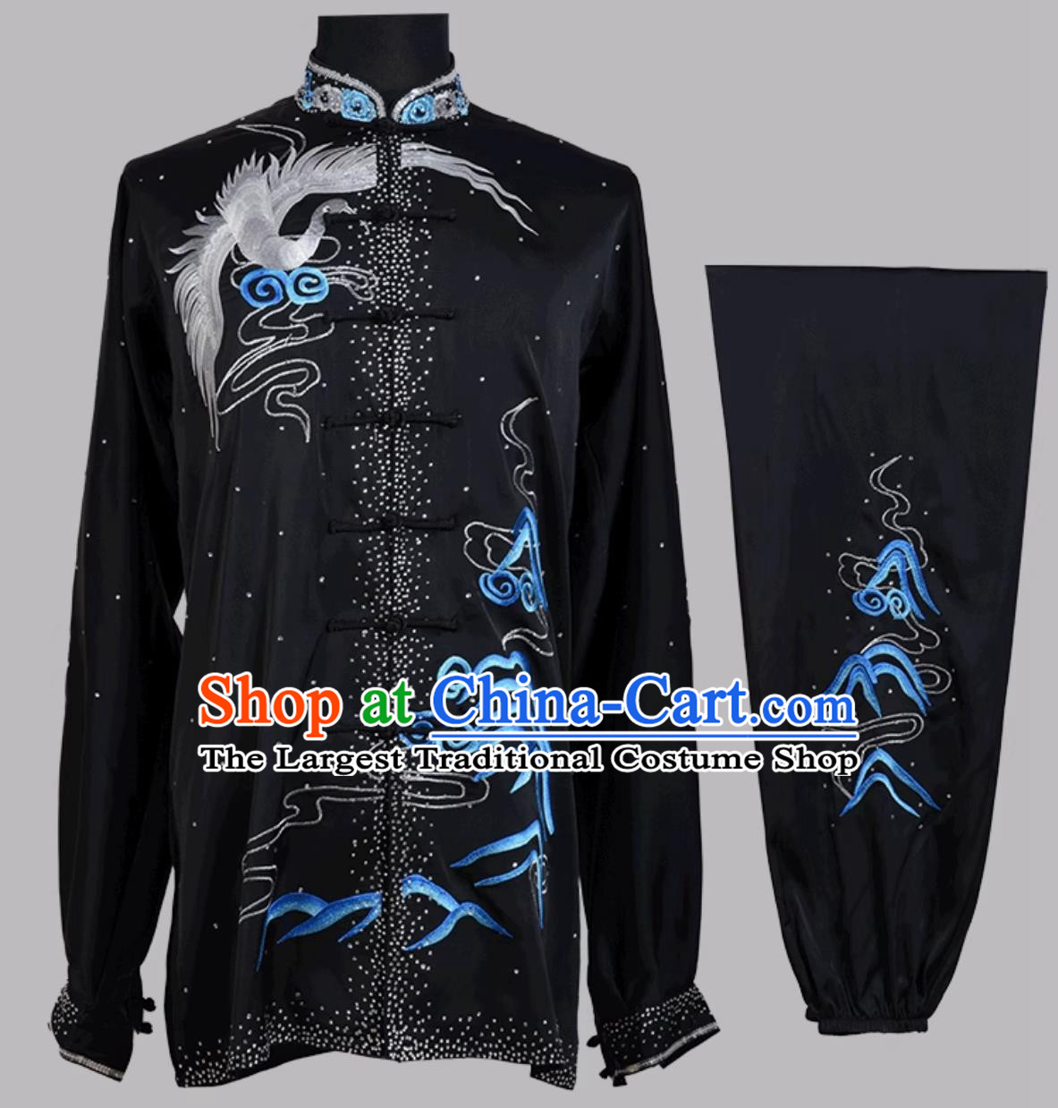 Embroidered Competition Uniform Wushu Exam Costume Kung Fu Chinese Taiji Black Outfit