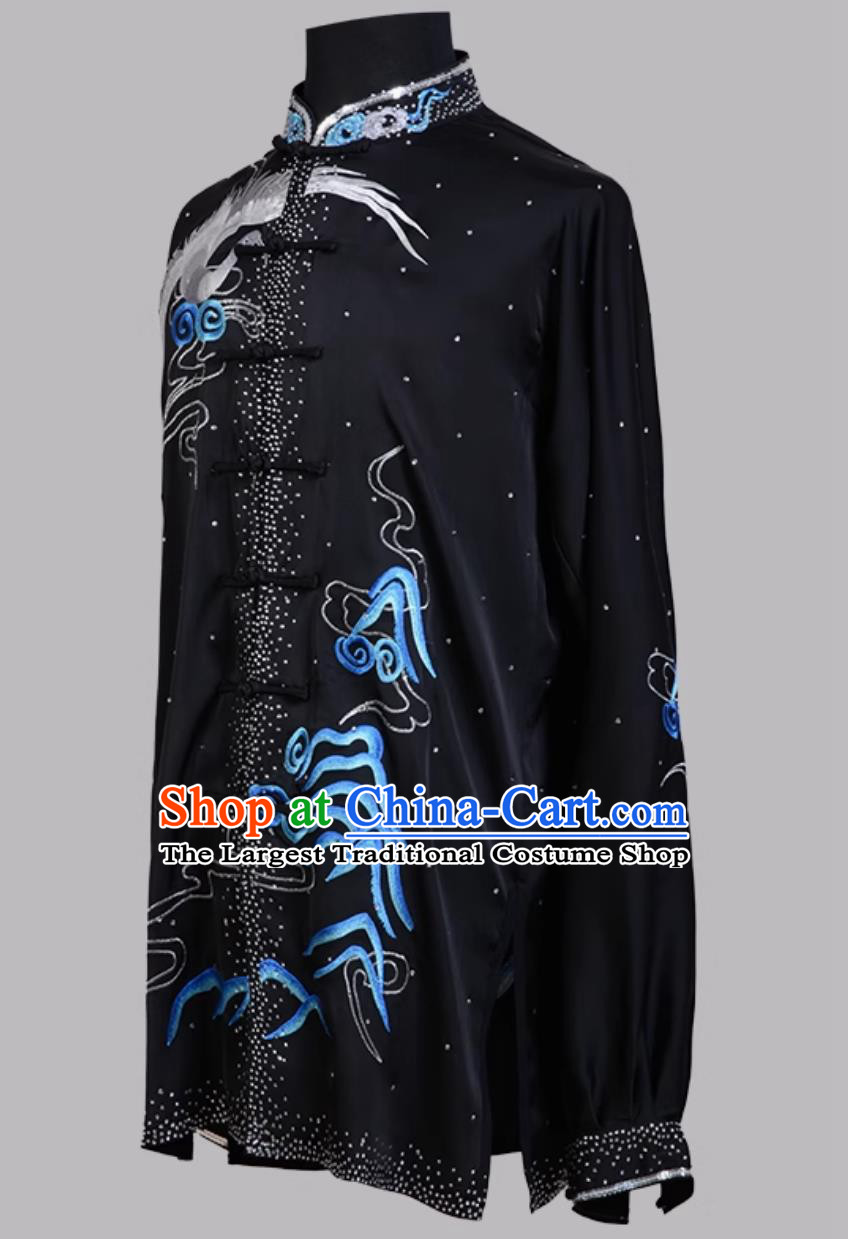 Embroidered Competition Uniform Wushu Exam Costume Kung Fu Chinese Taiji Black Outfit