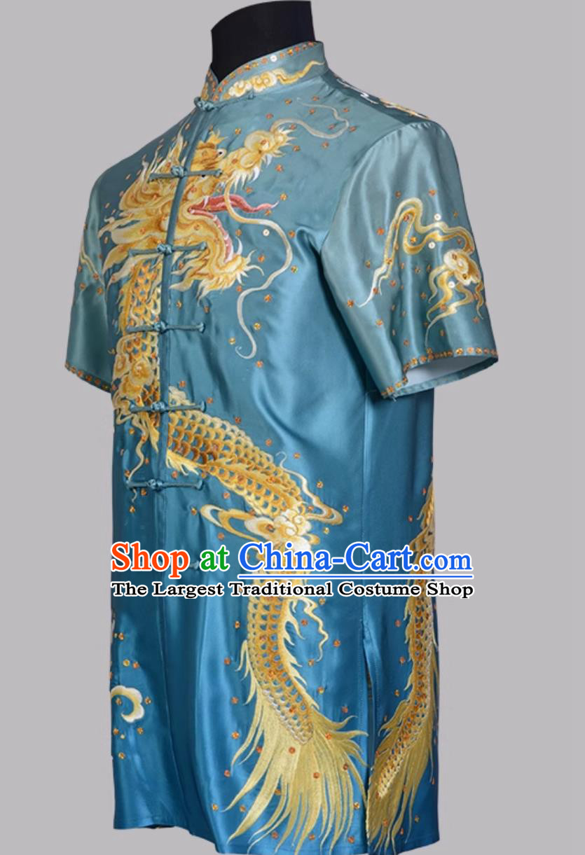 Gradient Blue Pure Silk Double Dragon Embroidered Wushu Uniform Changquan Training Chinese Style Outfit