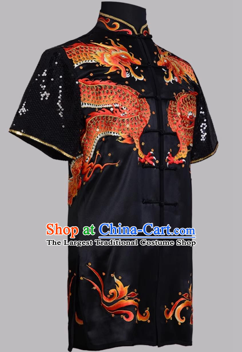 Black Pure Silk Embroidered Changquan Wushu Uniform Colorful Double Dragon Performance Competition Training Outfit Wushu Exam Costume