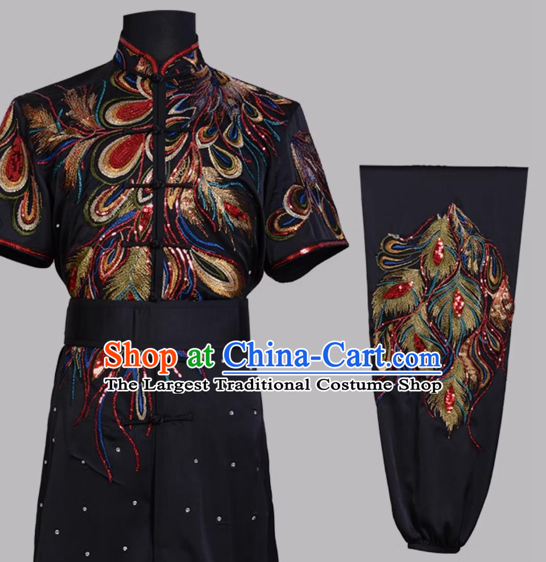 Colorful Changquan Sparkling Black Competition Phoenix Outfit Chinese Martial Arts Costume