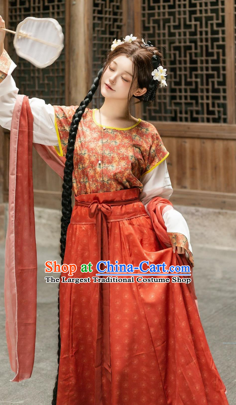 Hanfu Dunhuang Floral Medley Performance Costume Chinese Round Collar Pleated Skirt High Waist Tang Dynasty Beizi Women Set