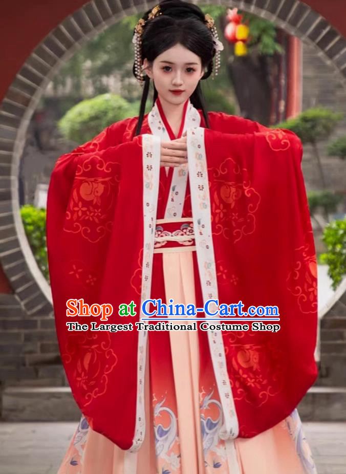 Hanfu Women Red Daxiu Chinese Ancient Princess Costume Cross Collar Wide Sleeves Robe