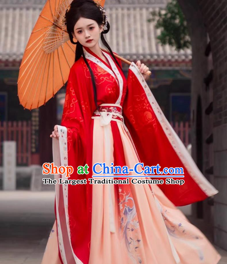 Hanfu Women Red Daxiu Chinese Ancient Princess Costume Cross Collar Wide Sleeves Robe
