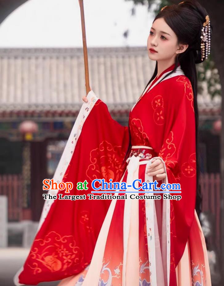 Hanfu Women Red Daxiu Chinese Ancient Princess Costume Cross Collar Wide Sleeves Robe
