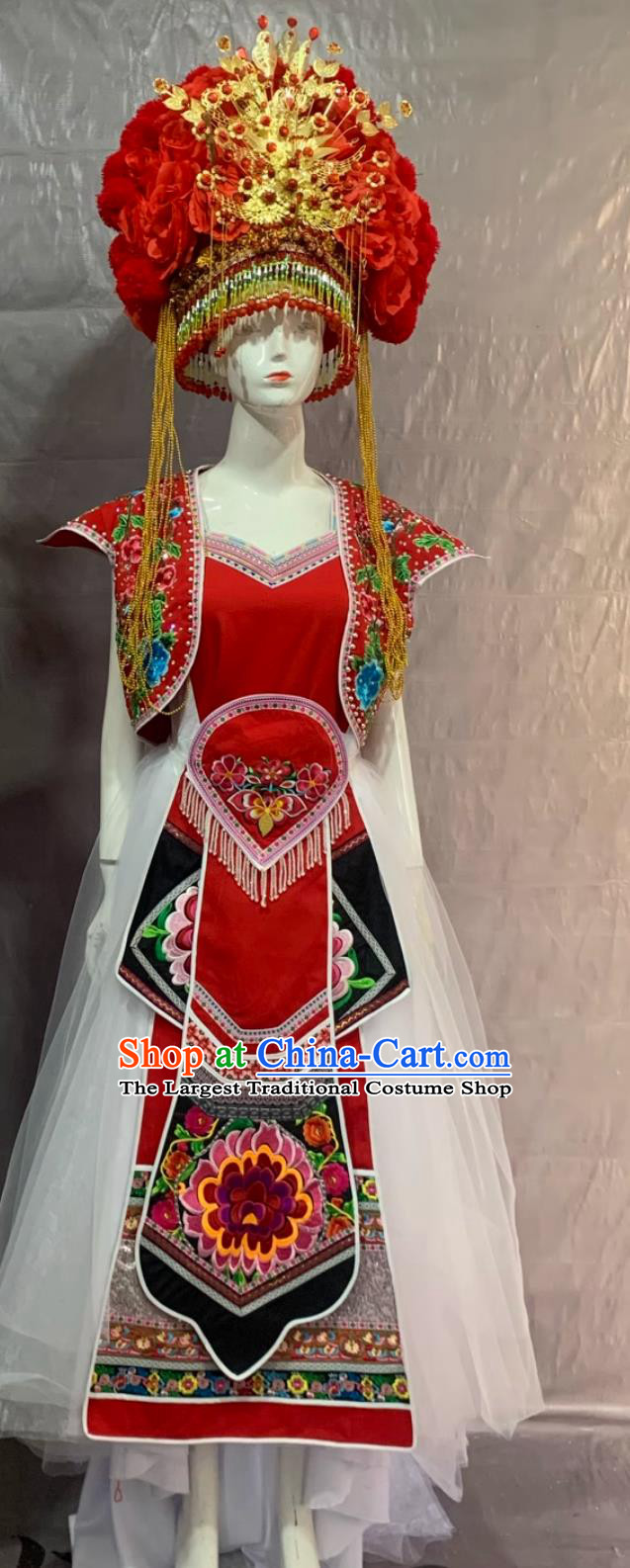 Chinese Ethnic Minority Bai Nationality Costume Dali Yunnan Embroidered Bai Wedding Performance Attire For Women