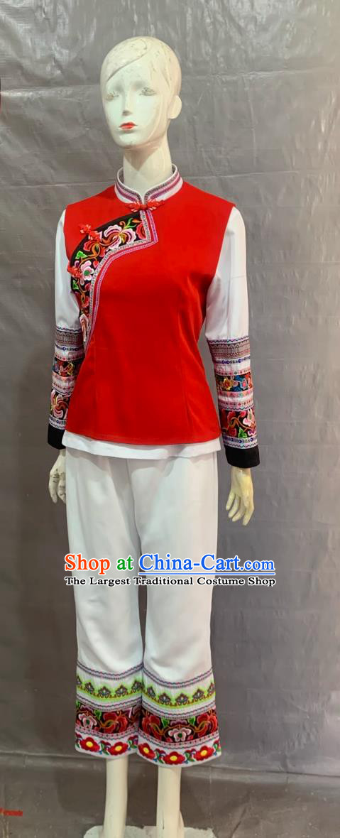 Bai Ethnic Adult Long Dress Performance Costume Embroidered  Chinese Ethnic Minorities Traditional Clothing Red Black White Suit