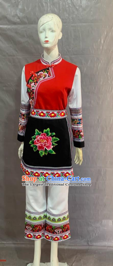 Bai Ethnic Adult Long Dress Performance Costume Embroidered  Chinese Ethnic Minorities Traditional Clothing Red Black White Suit