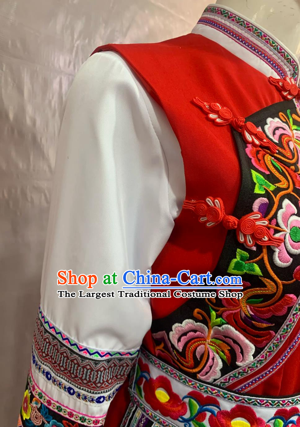 Bai Ethnic Adult Long Dress Performance Costume Embroidered  Chinese Ethnic Minorities Traditional Clothing Red Black White Suit