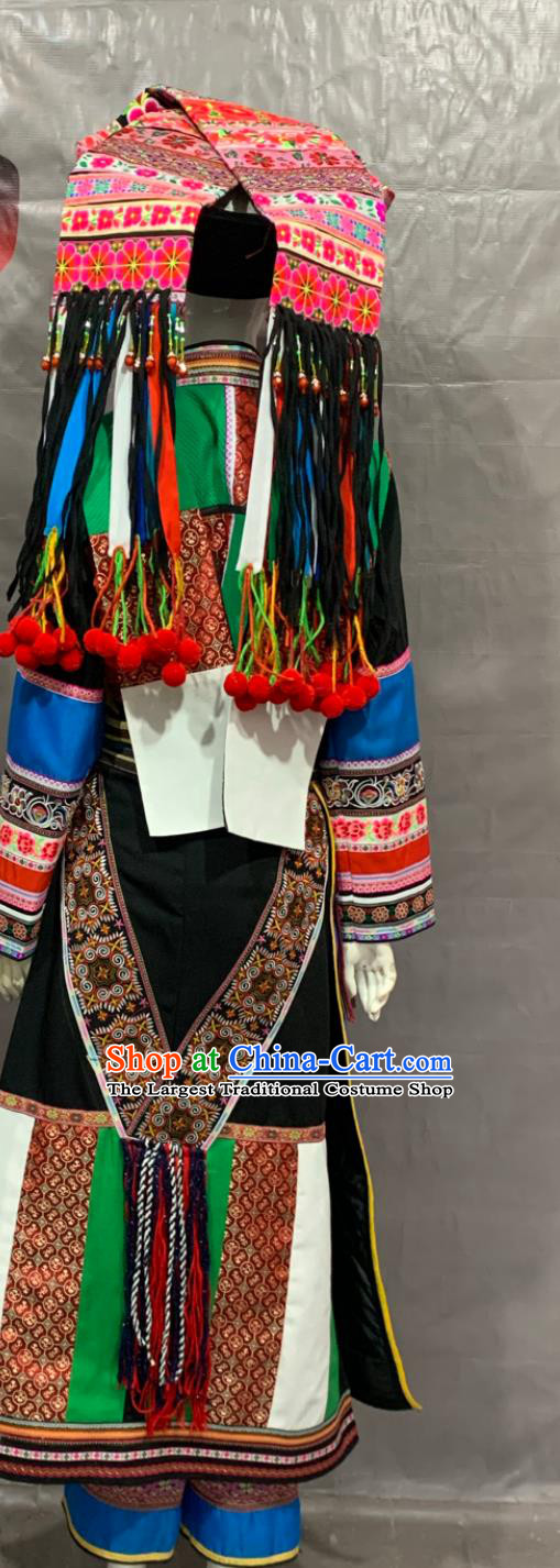 Lis Ethnic Adult Long Dress Performance Costume Embroidered  Chinese Ethnic Minorities Traditional Clothing Black Suit