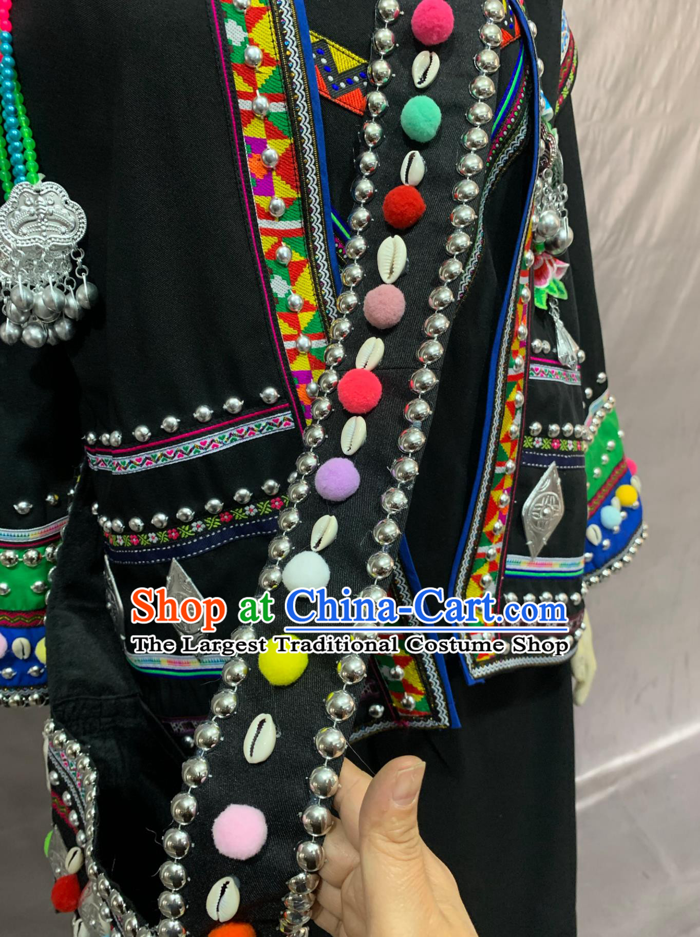 Chinese Hani Ethnic Adult Long Dress Stage Costume Embroidered  Chinese Ethnic Minorities Traditional Black Clothing