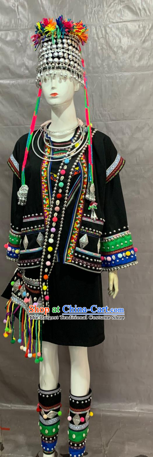 Chinese Hani Ethnic Adult Long Dress Stage Costume Embroidered  Chinese Ethnic Minorities Traditional Black Clothing