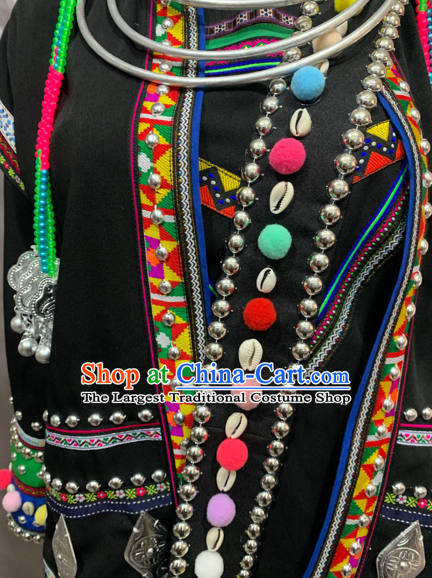 Chinese Hani Ethnic Adult Long Dress Stage Costume Embroidered  Chinese Ethnic Minorities Traditional Black Clothing