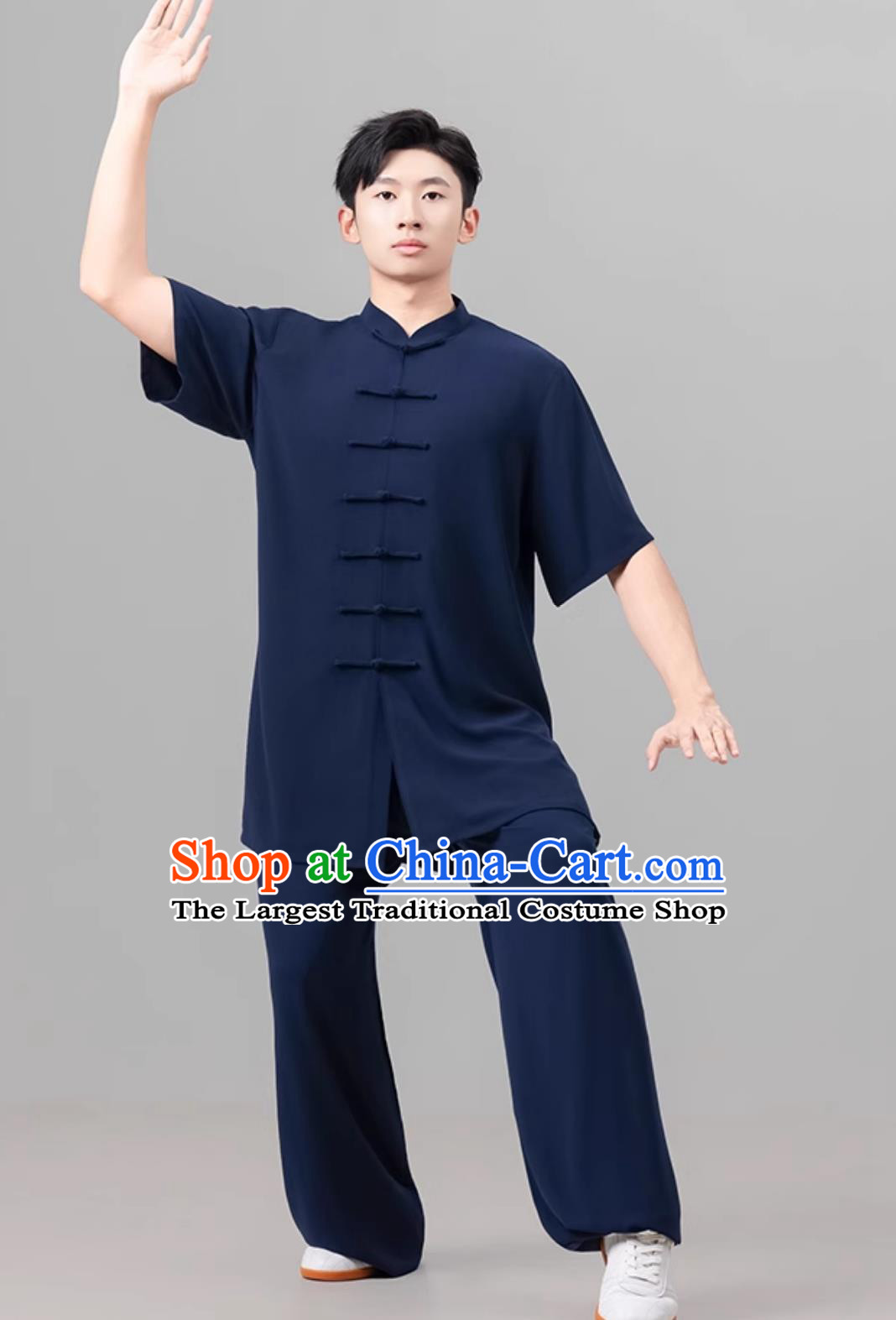 Chinese Style Men Tai Chi Suit Summer Short Sleeve Tai Chi Ba Duan Jin Training Navy Suit