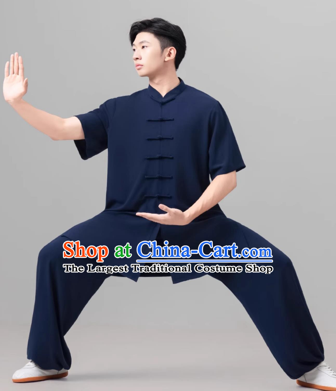 Chinese Style Men Tai Chi Suit Summer Short Sleeve Tai Chi Ba Duan Jin Training Navy Suit