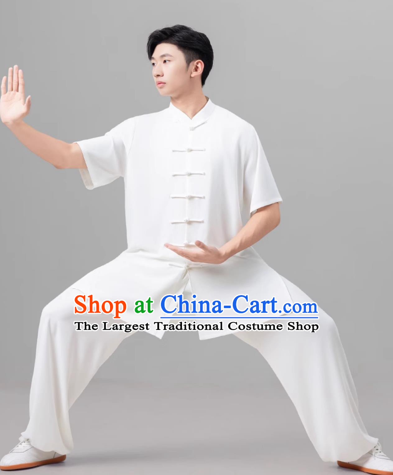 White Chinese Style Men Tai Chi Suit Summer Short Sleeve Tai Chi Ba Duan Jin Training Suit