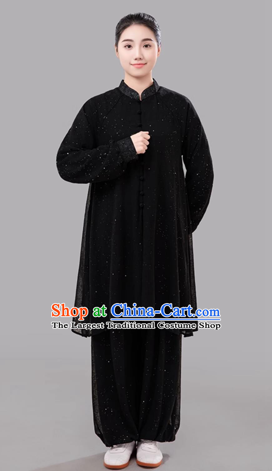 Black Summer Women Tai Chi Suit Long Sleeve Outfit Double Layer Silver Gauze Chinese Style Competition Performance Uniform