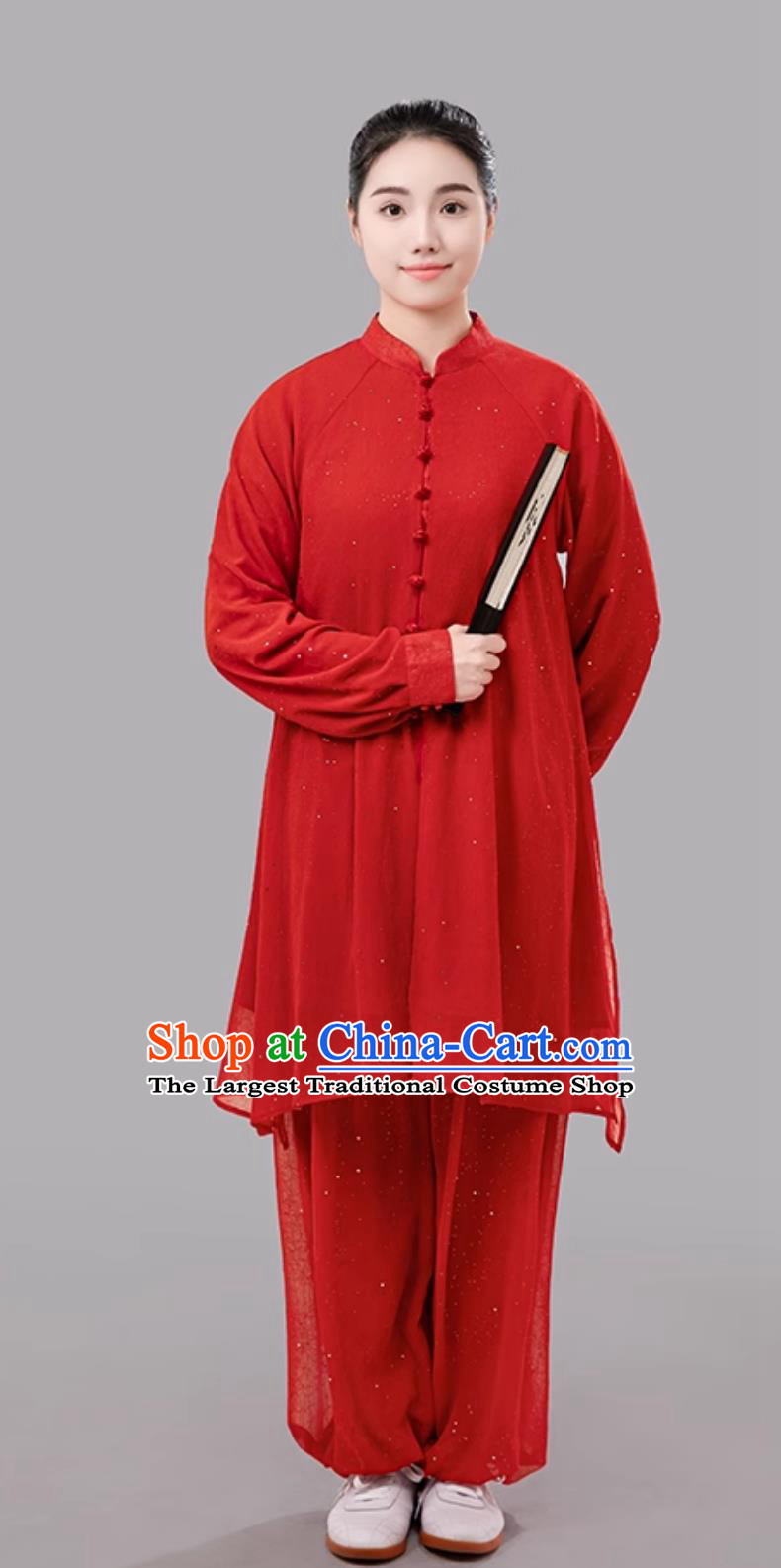 Red Summer Women Tai Chi Suit Long Sleeve Outfit Double Layer Silver Gauze Chinese Style Competition Performance Uniform