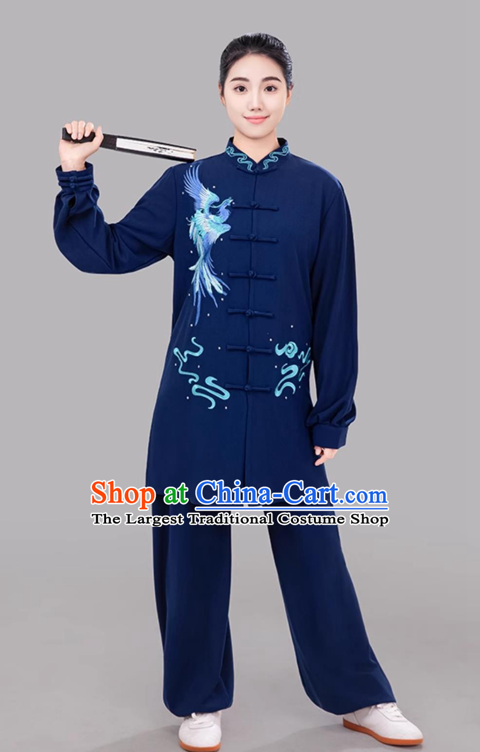 Navy Blue Phoenix Embroidered Women Tai Chi Suit Taiji Costume Ba Duan Jin Training Outfit