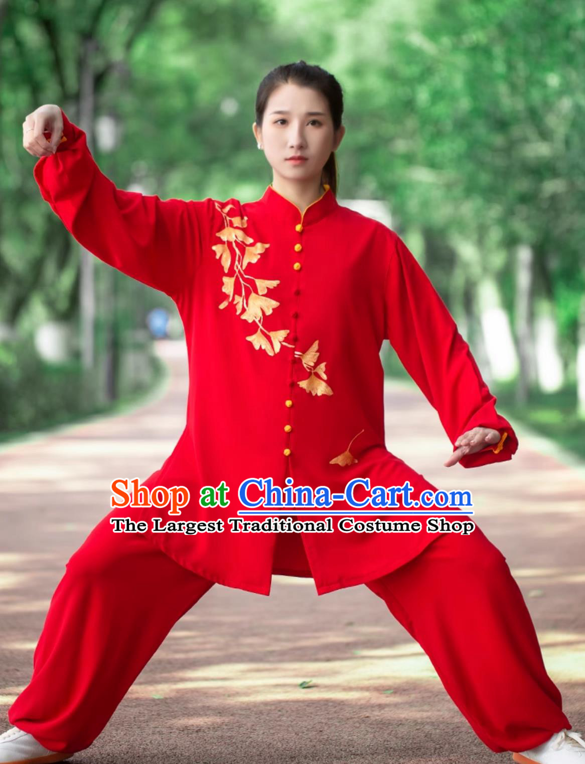 Martial Arts Training Red Outfit Hand Painted Ginkgo Leaf Women Tai Chi Uniform Tai Chi Performance Clothing