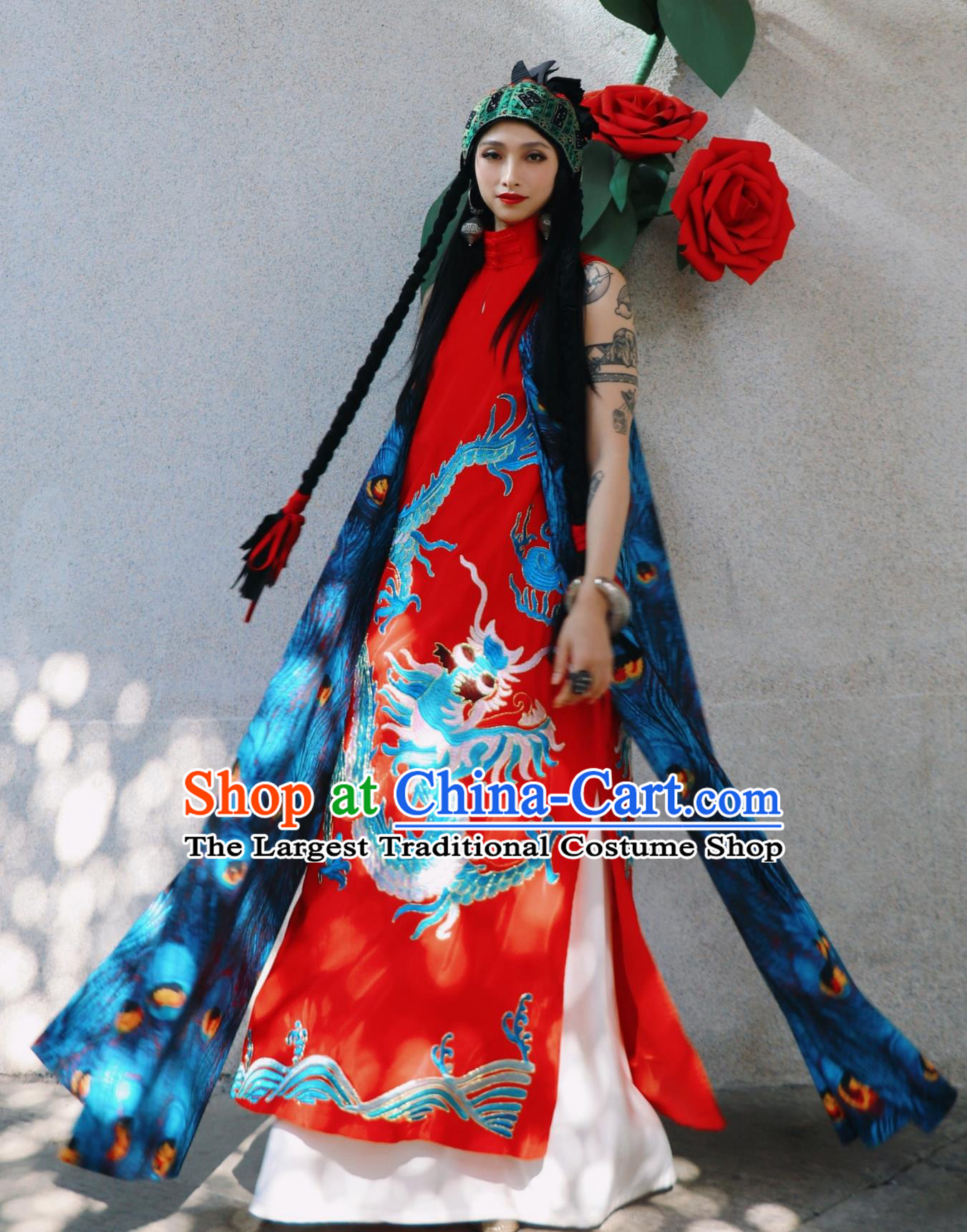 Blue Dragon Embroidered Peacock Ribbon Stand Collar Modified Cheongsam Traditional Chinese Loose Dress