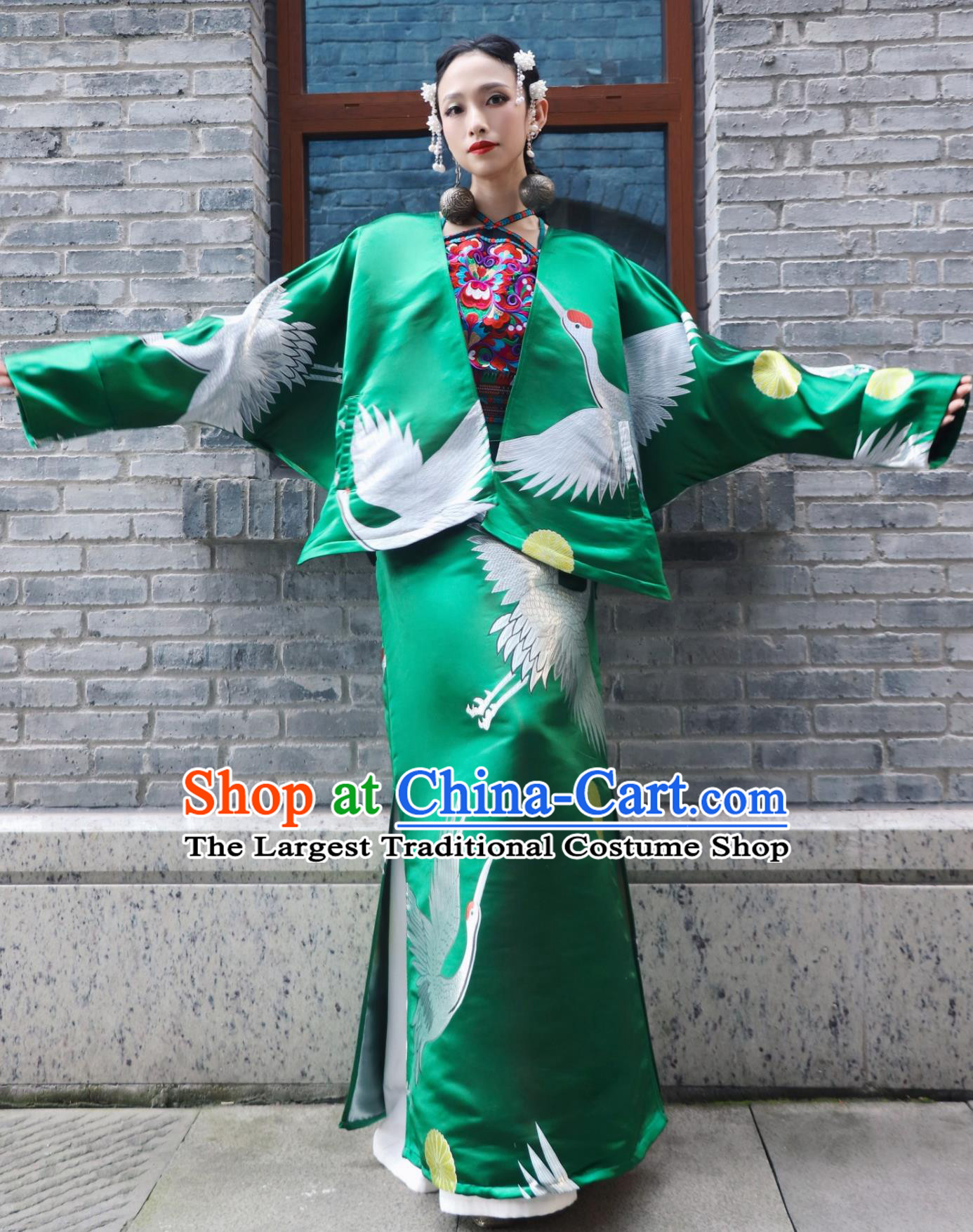 Green Crane Jacquard Bat Sleeve Top and A Line Skirt Set Chinese Wedding Modified Suit