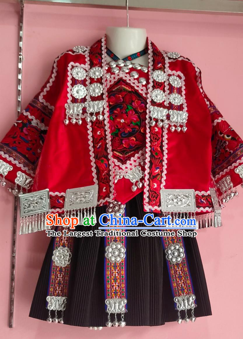 Guizhou Miao Ethnic Costume Chinese Minority Clothing Women Red Three Piece Set