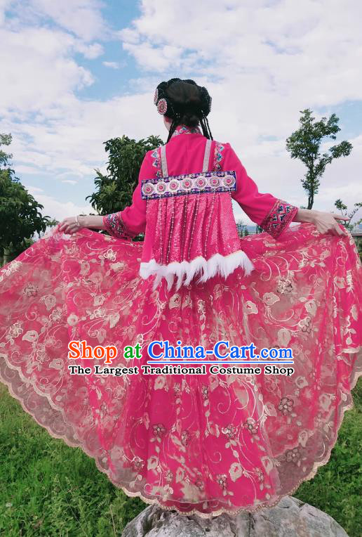 Yunnan Lijiang Ethnic Minority Clothing Chinese Naxi Mosuo Bride Costume Pumi Performance Rosy Outfit
