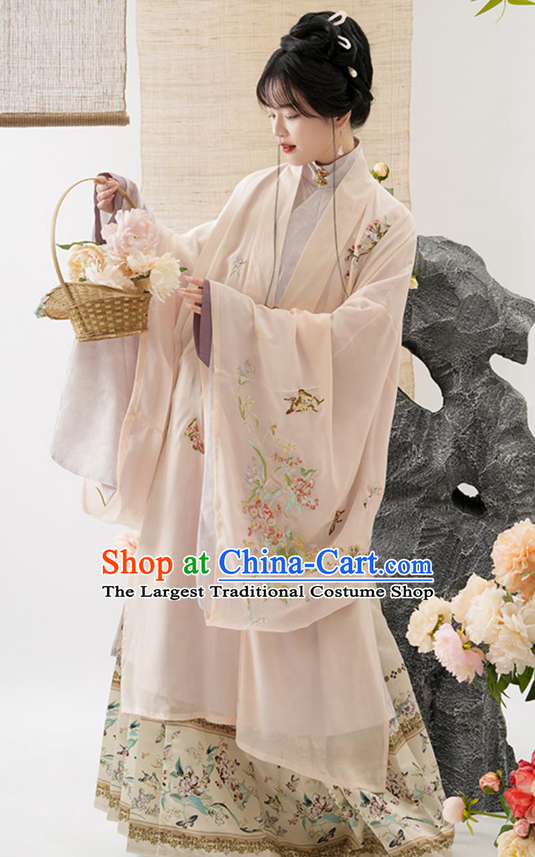 Ming Dynasty Hanfu Women Pink Long Gown and Ma Mian Qun Ancient Chinese Costumes Set
