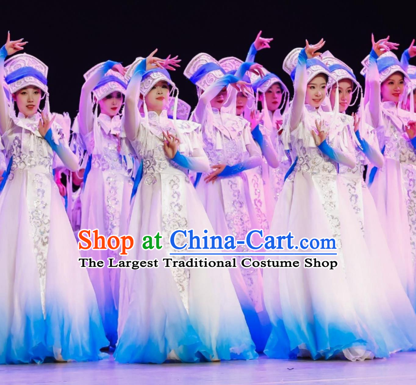 Chinese Lotus Award Competition Gown Yi Ethnic Cloud Dance Costume Group Performance Blue Outfit Flowing Wide Dress