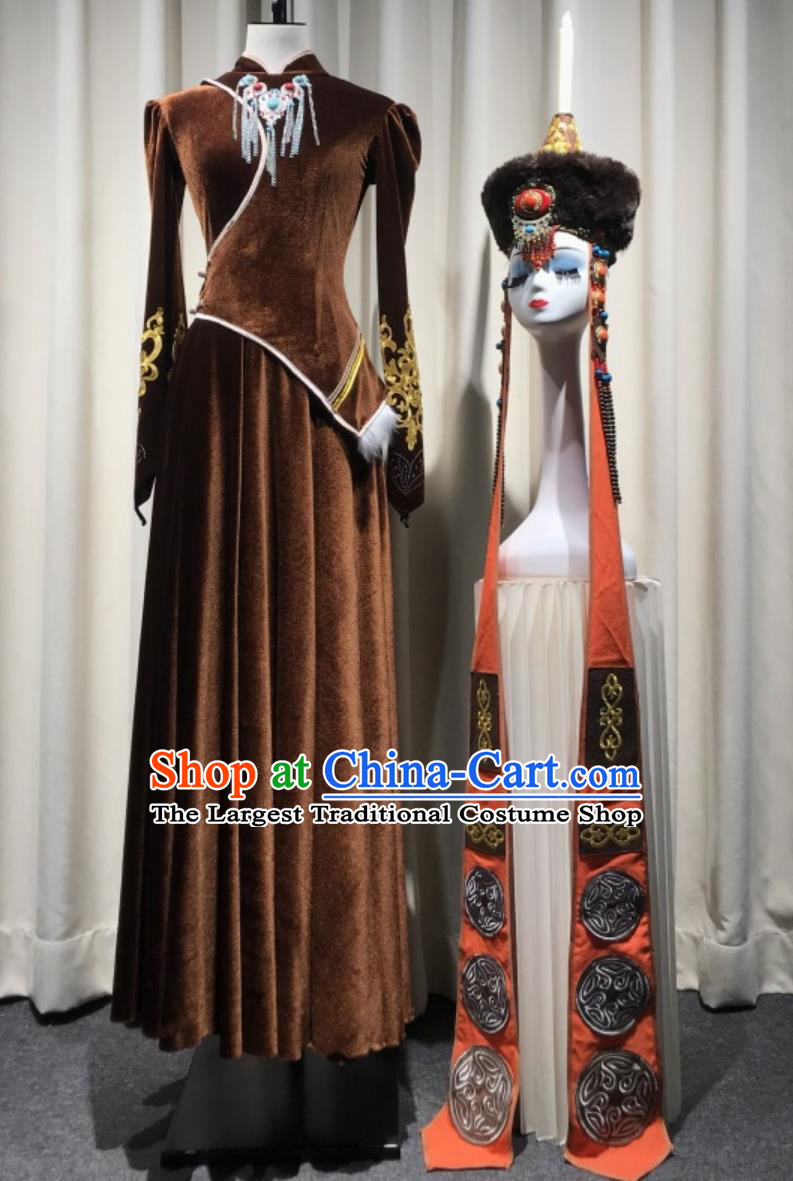 Ethnic Minority Women Mongolian Zhaojun Beyond the Frontier Dance Costume Daola Group Performance Outfit