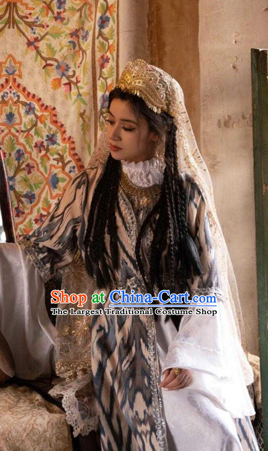 Retro Xinjiang Kashgar Uyghur Princess Dress Traditional Atlas Silk Ethnic Costume