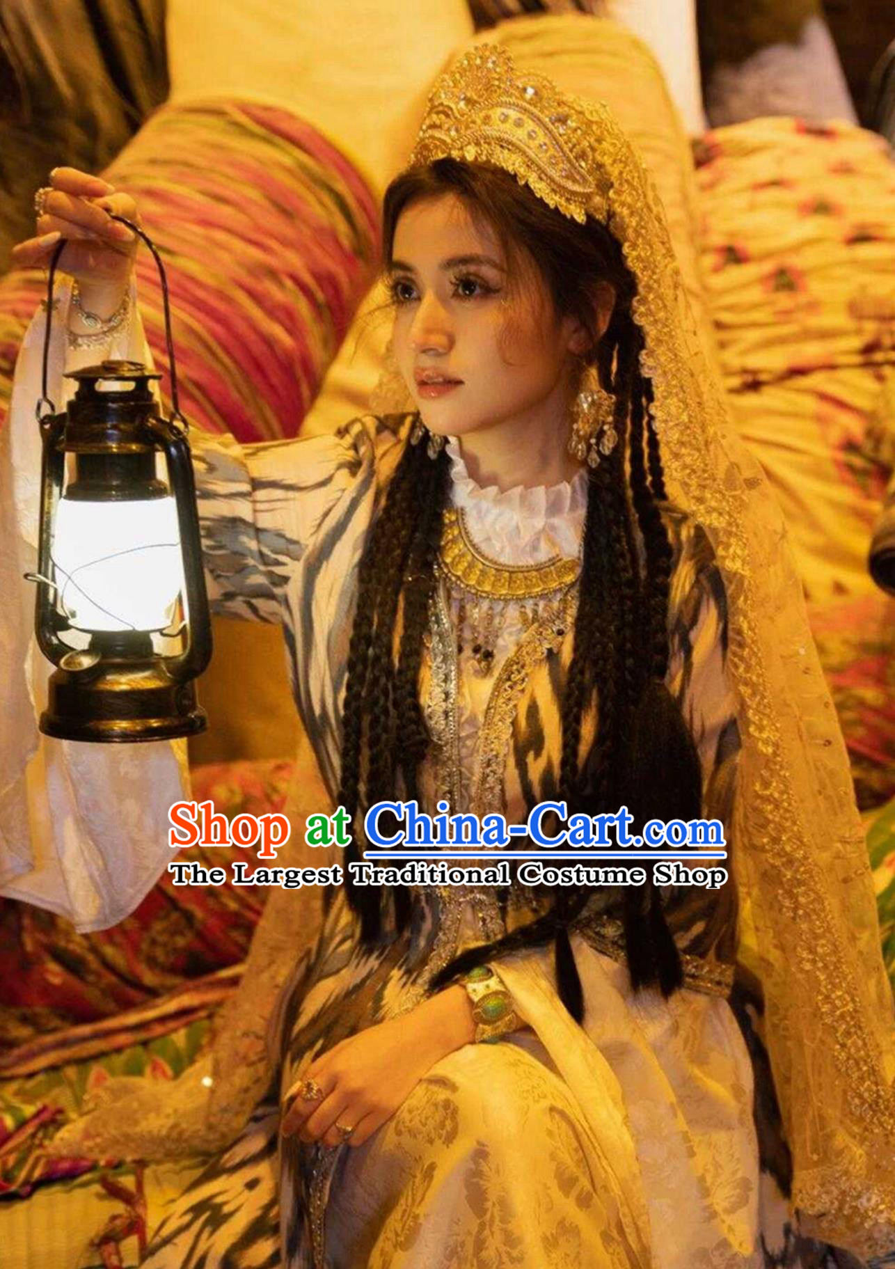 Retro Xinjiang Kashgar Uyghur Princess Dress Traditional Atlas Silk Ethnic Costume