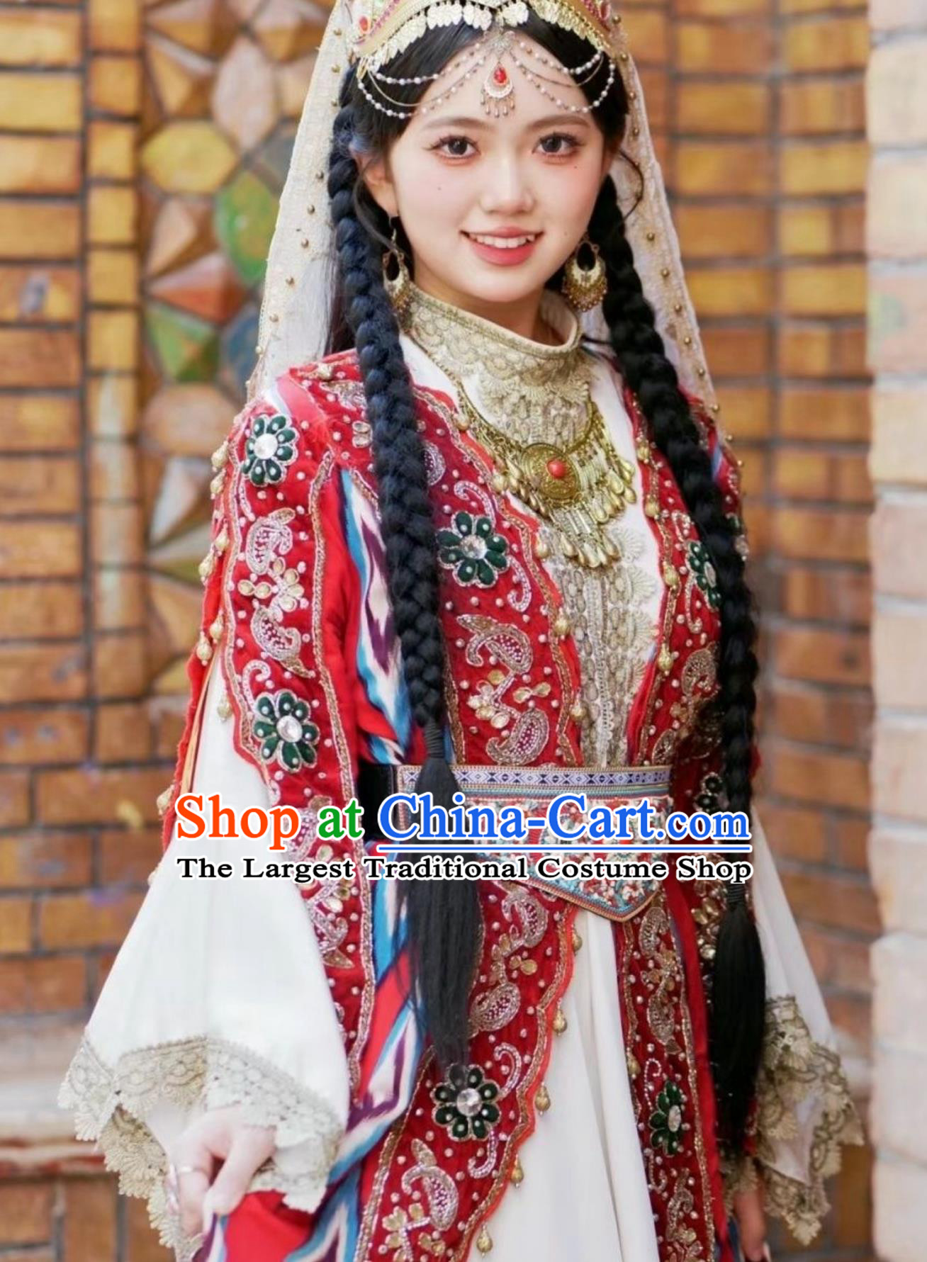 Red Xinjiang Maiden Outfit Uyghur Kashgar Princess Silk Road Costume Set